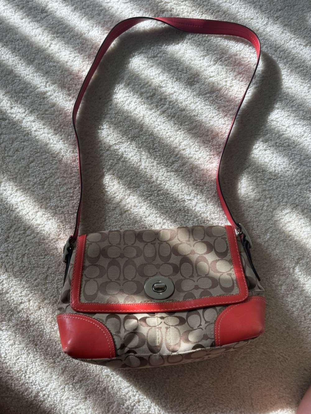 Vintage Coach Signature Canvas Crossbody Bag in Khaki with Red Trim
